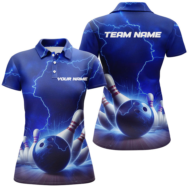 Blaue Thunder Lightning Damen-Bowling-Polohemden, personalisierte Bowlingliga-Team-Trikots IPHW5393