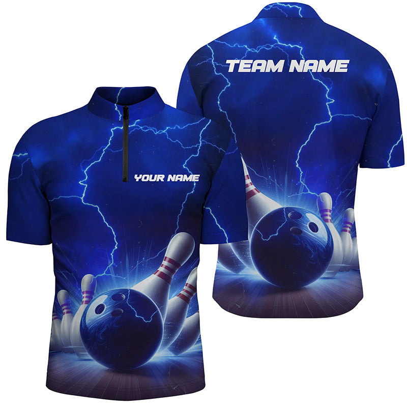 Blaue Thunder Lightning Herren-Bowling-Quarter-Zip-Hemden, personalisierte Bowlingliga-Team-Trikots IPHW5393