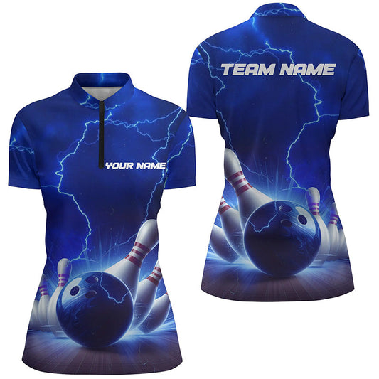 Blaue Thunder Lightning Damen-Bowling-Quarter-Zip-Hemden, personalisierte Bowlingliga-Team-Trikots IPHW5393