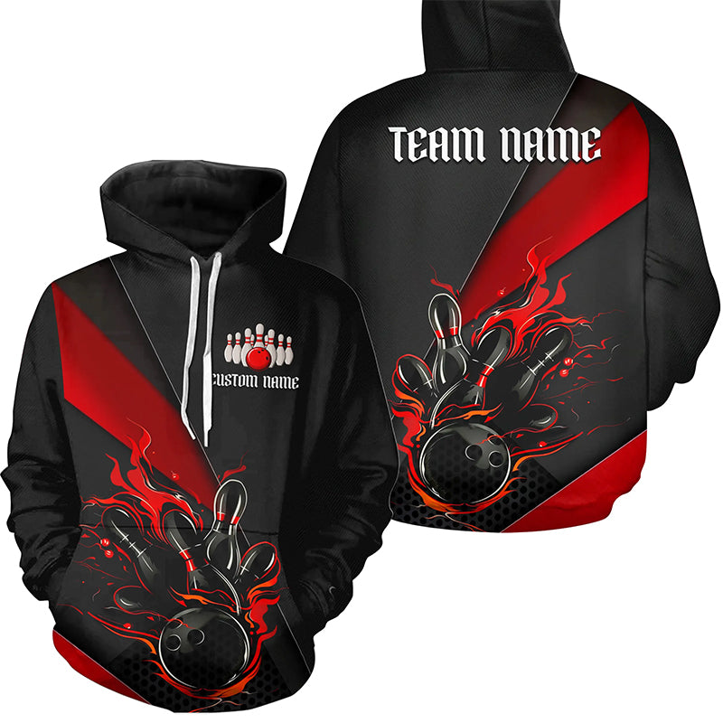 Rot-schwarze individuelle Flammen-Bowlinghemden für Herren und Damen, Hoodie-Bowlingteam-Hemden mit Namen IPHW6185