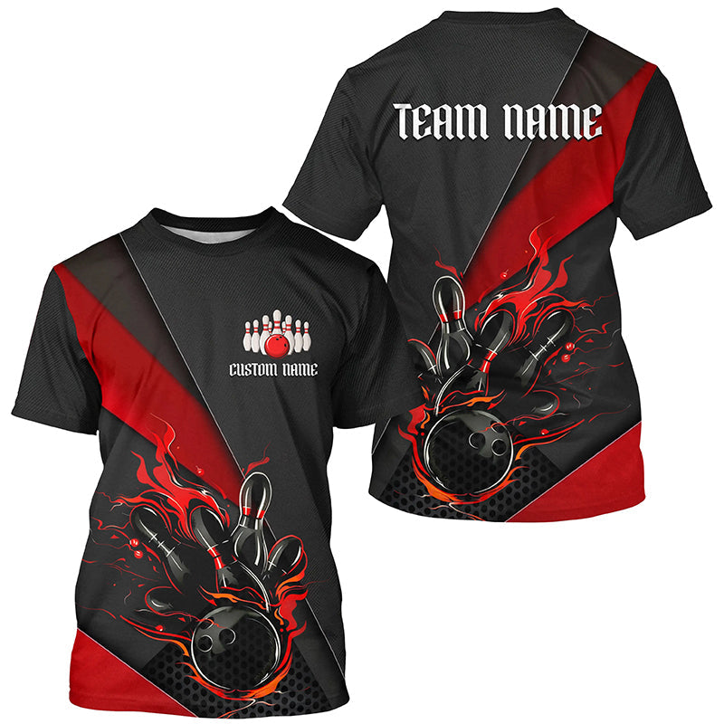 Rot-schwarze Flammen-Bowling-T-Shirts für Herren und Damen, individuelle Bowlingteam-Uniformen, Bowler-Outfit IPHW6185