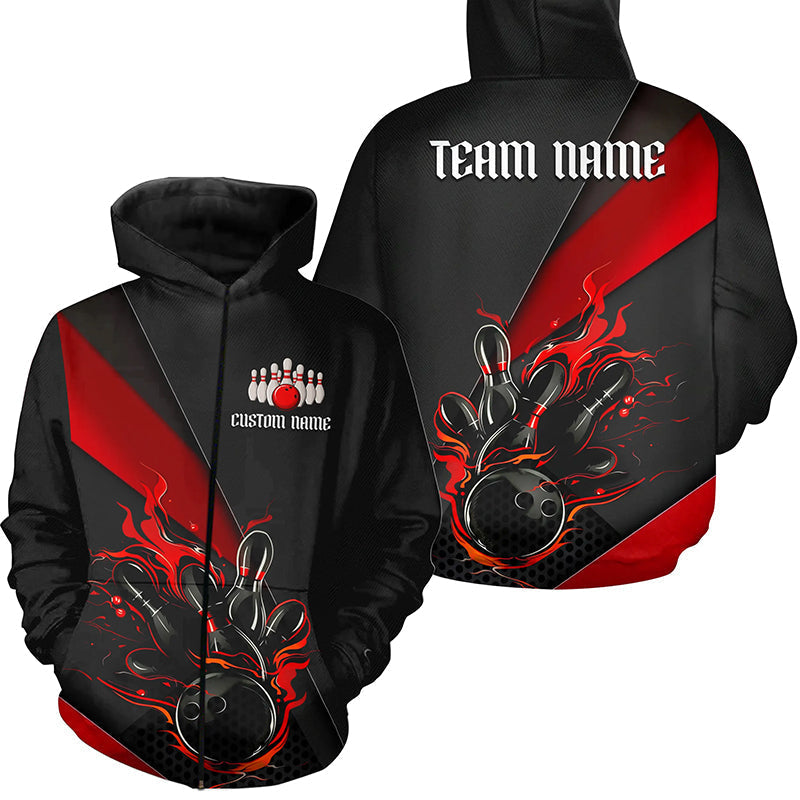 Rot-schwarze individuelle Flammen-Bowlinghemden für Herren und Damen, Hoodie-Bowlingteam-Hemden mit Namen IPHW6185