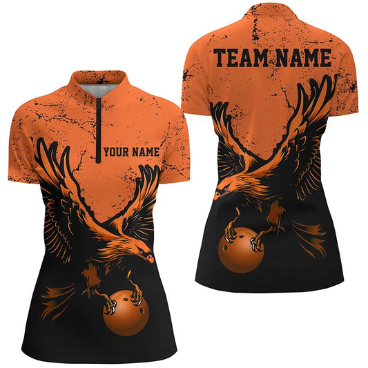 Individuelle orange Adler-Damen-Bowling-Quarter-Zip-Hemden, Grunge-Vintage-Bowlingteam-Trikots IPHW5343