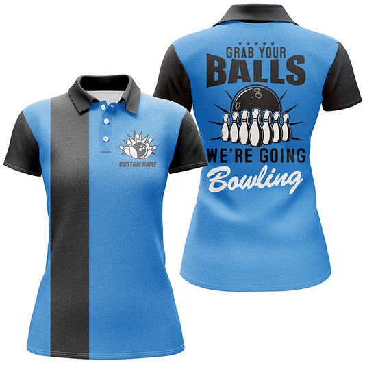 „Grab Your Balls We’re Going Bowling“-Damen-Polohemden, blaue Bowlinghemden für Damen IPHW4917