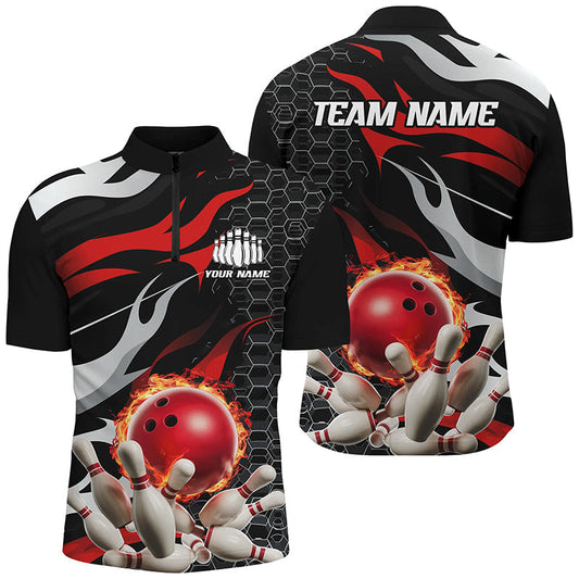 Rot-schwarze individuelle Flammen-Bowling-Quarter-Zip-Hemden für Herren, Bowlingteam-Hemden, Bowlinguniform IPHW6789