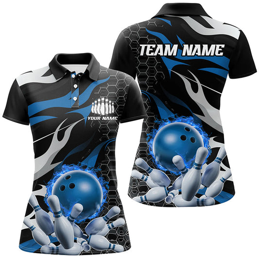 Blau-schwarze individuelle Flammen-Bowlinghemden für Damen, Bowlingteam-Hemden IPHW6790