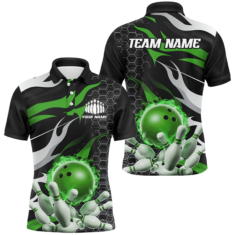 Grün-schwarze individuelle Flammen-Bowlinghemden für Herren, Bowlingteam-Hemden, Bowlinguniform IPHW6791