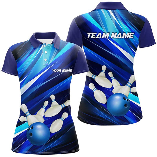 Blaue Bowling-Polohemden für Damen, Bowlingkugel und Pins, individuelle Bowlingteam-Trikots IPHW5255