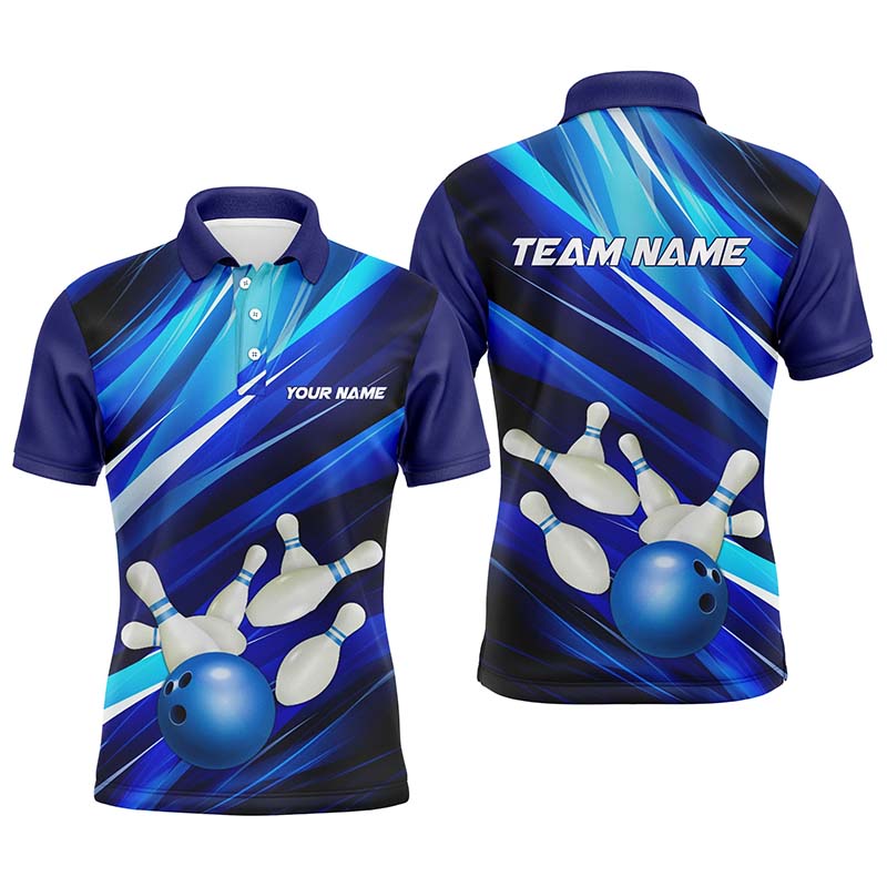 Blaue Bowling-Polohemden für Herren, Bowlingkugel und Pins, individuelle Bowlingteam-Trikots IPHW5255