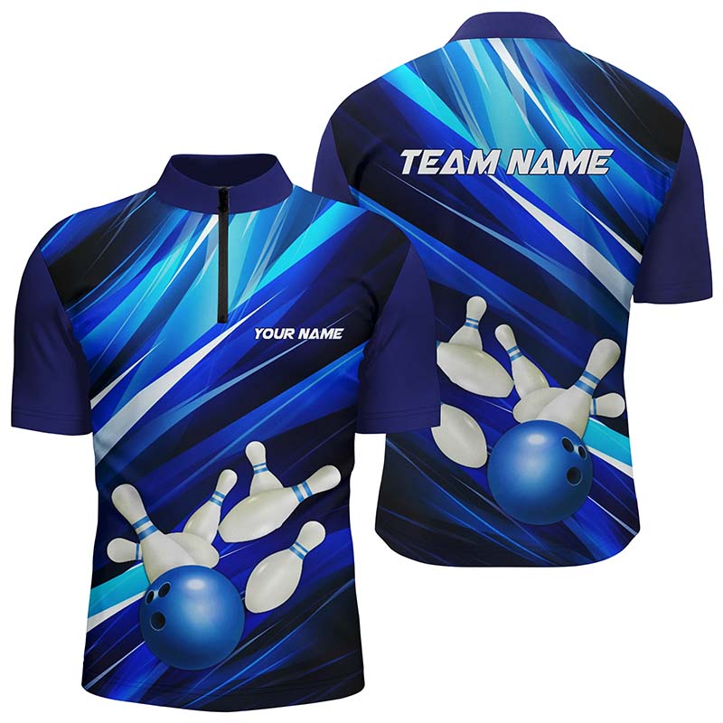 Blaue Bowling-Quarter-Zip-Hemden für Herren, Bowlingkugel und Pins, individuelle Bowlingteam-Trikots IPHW5255