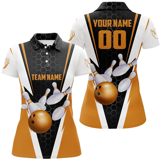 Individuell gestaltete Damen-Bowling-Poloshirts mit orangem Streifen, Mannschafts-Trikots mit Namen und Nummer IPHW5284