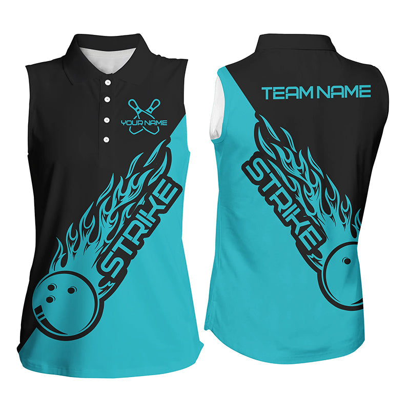 Individuelle ärmellose Flammen-Bowlinghemden für Damen, Bowlingteam-Polohemd, Bowlingtrikot | Blau IPHW4289