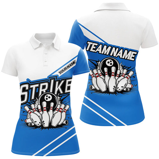 Blaue "Strike" Bowlinghemden für Damen, individuelle Teamnamen-Bowlingtrikots, Bowler-Outfits IPHW6691