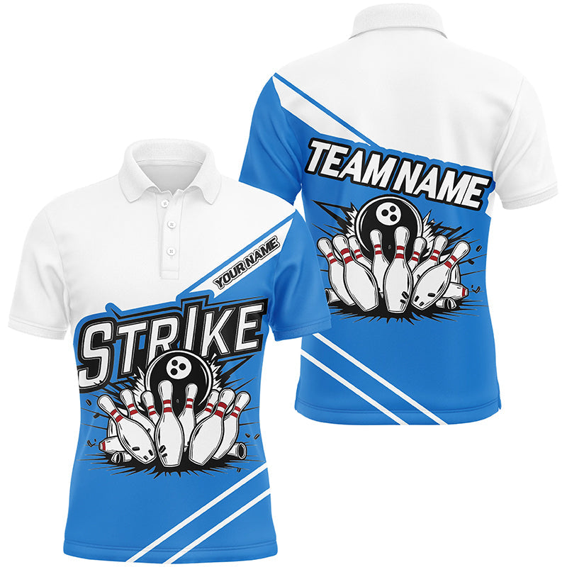 Blaue "Strike" Bowlinghemden für Herren und Damen, individuelle Bowlingteam-Namens-Trikots, Bowler-Outfits IPHW6691