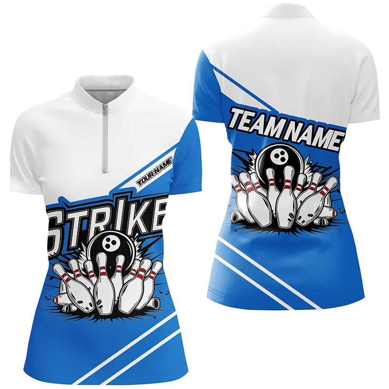 Blaue "Strike" Bowlinghemden für Damen, individuelle Teamnamen-Bowlingtrikots, Bowler-Outfits IPHW6691