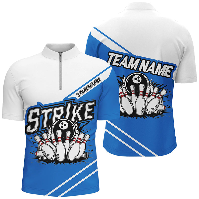 Blaue "Strike" Bowlinghemden für Herren und Damen, individuelle Bowlingteam-Namens-Trikots, Bowler-Outfits IPHW6691