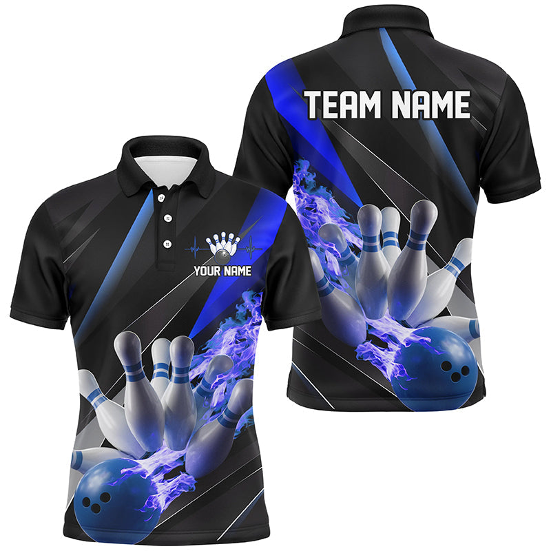 Personalisierte blaue Flammen-Bowlinghemden für Herren, Bowlingturnier-Hemden, Bowler-Outfits IPHW6739