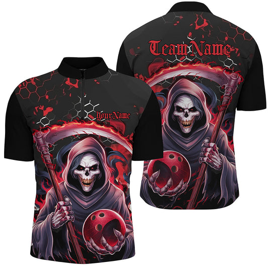 Rot-schwarze individuelle "Grim Reaper"-Bowling-Quarter-Zip-Hemden für Herren, Halloween-Schädel-Bowlinghemd IPHW6781