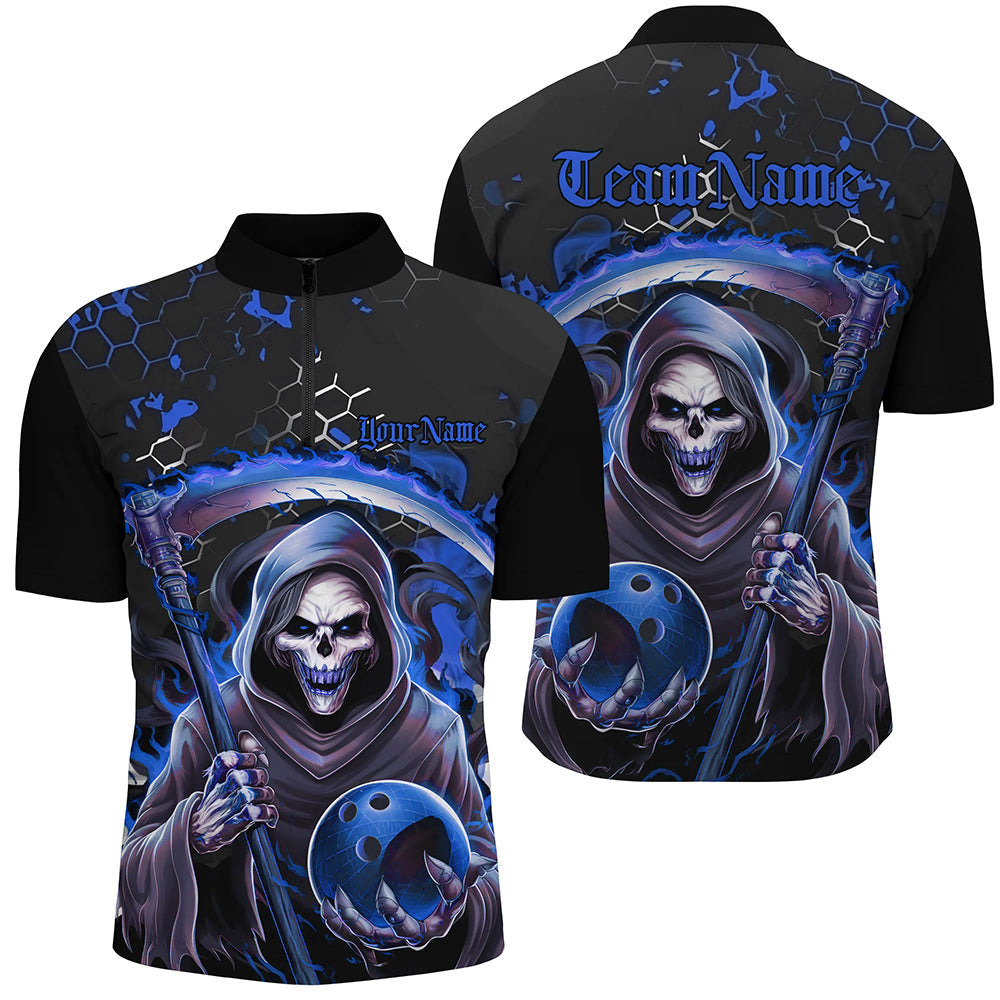 Blau-schwarze individuelle "Grim Reaper"-Bowling-Quarter-Zip-Hemden für Herren, Halloween-Schädel-Bowlinghemd IPHW6782