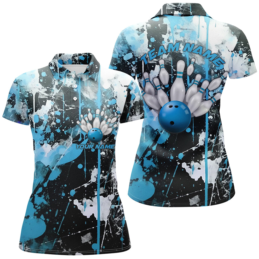 Blaue Camo-Bowlingteam-Hemden für Damen, Polohemden, personalisierte Bowlingliga-Trikots, "Strike"-Bowling IPHW5413