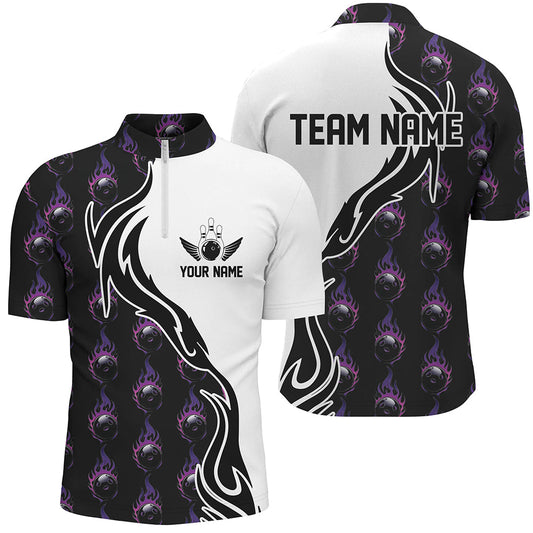 Lila Flammen-Bowlingkugel-Bowling-Poloshirt für Herren, individuelle Bowlingtrikots mit Teamnamen IPHW6947