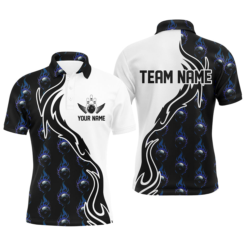 Blaue Flammen-Bowlingkugel-Bowling-Poloshirt für Herren, individuelle Bowlingtrikots mit Teamnamen IPHW6948