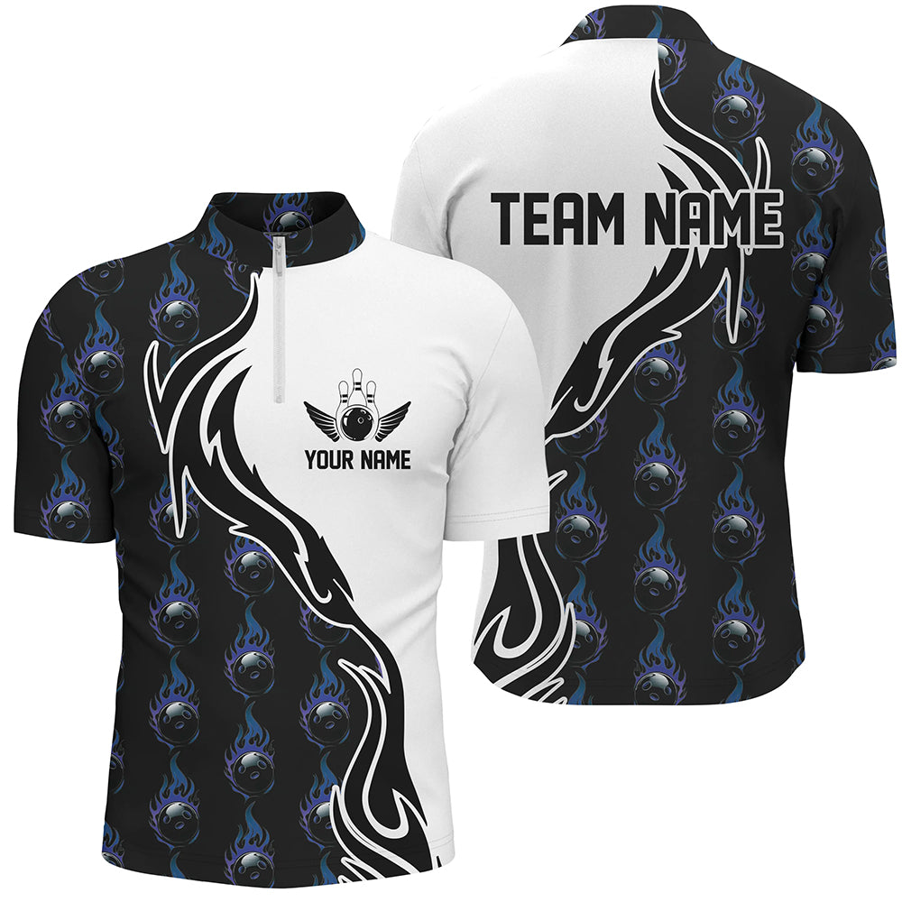 Blaue Flammen-Bowlingkugel-Bowling-Poloshirt für Herren, individuelle Bowlingtrikots mit Teamnamen IPHW6948