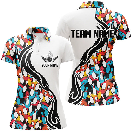 Bunte Bowling-Pins, individuelle Damen-Bowling-Polohemden, Flammen-Bowling-Outfits für Bowler IPHW6951