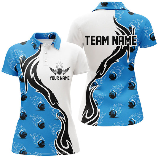 Individuelle Damen-Bowlinghemden mit Namen, Flammen-Bowlingkugel-Shirt, Bowlingtrikots | Blau IPHW6955