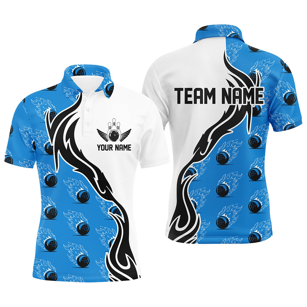 Individuelle Bowlinghemden für Herren mit Teamnamen, Flammen-Bowlingkugel-Shirt, Bowlingtrikots | Blau IPHW6955