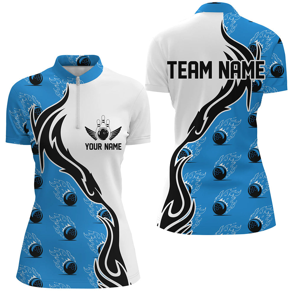 Individuelle Damen-Bowlinghemden mit Namen, Flammen-Bowlingkugel-Shirt, Bowlingtrikots | Blau IPHW6955