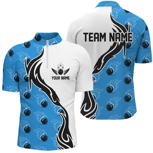 Individuelle Bowlinghemden für Herren mit Teamnamen, Flammen-Bowlingkugel-Shirt, Bowlingtrikots | Blau IPHW6955