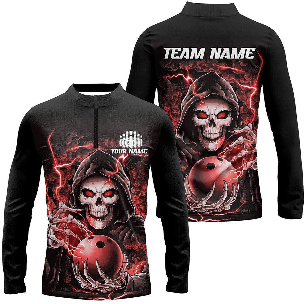 Individuelle rote Schädel-Bowling-Langarm-Quarter-Zip-Hemden für Herren, Halloween-Bowlingteam-Hemden IPHW6803