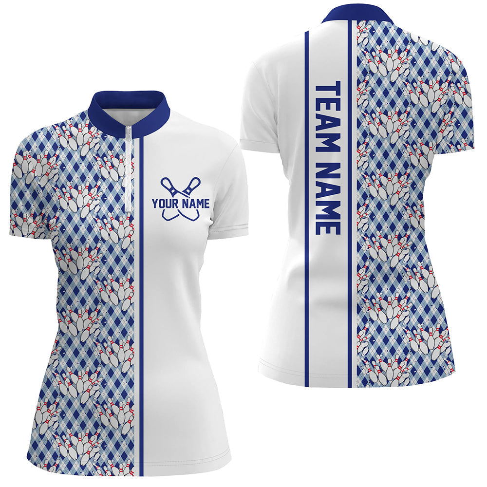 Blaue Argyle-individuelle Bowling-Polohemden für Damen, individuelle Bowling-Uniformen IPHW6965