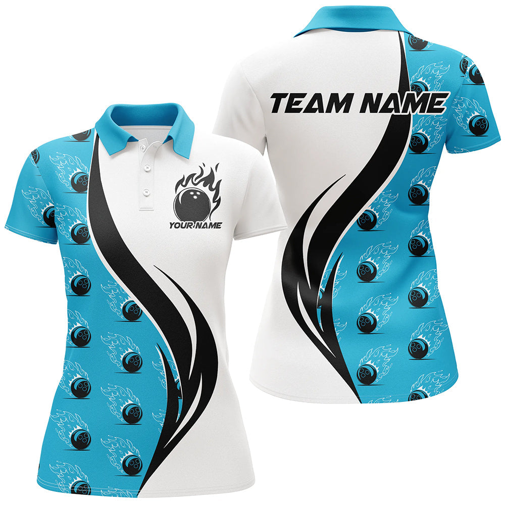 Individuelle Flammen-Bowling-Polohemden für Damen, Bowlingteam-Uniformen mit Namen | Blau IPHW6974