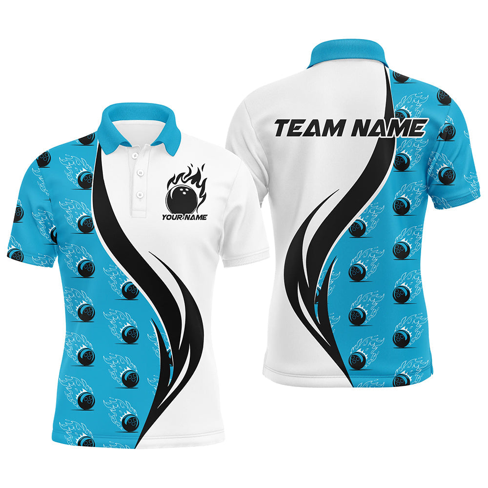 Individuelle Flammen-Bowling-Polohemden für Herren, Bowlingteam-Uniformen mit Namen | Blau IPHW6974