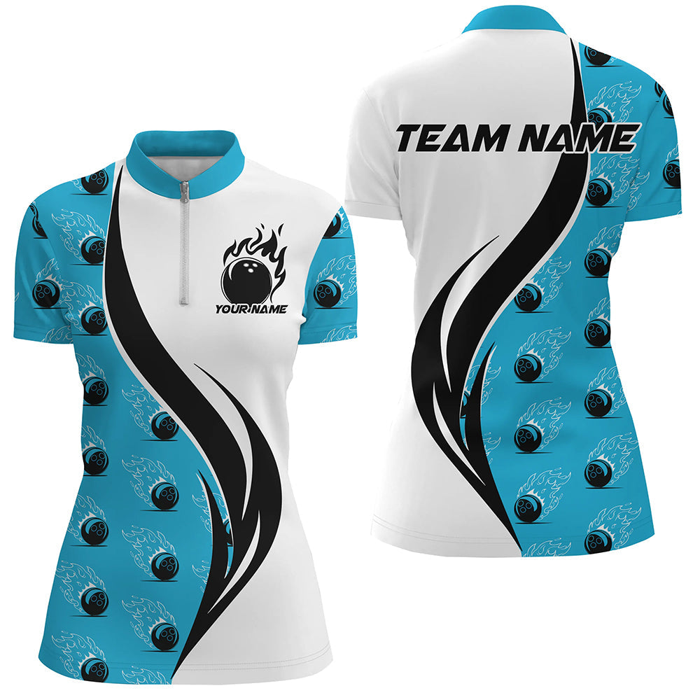 Individuelle Flammen-Bowling-Polohemden für Damen, Bowlingteam-Uniformen mit Namen | Blau IPHW6974