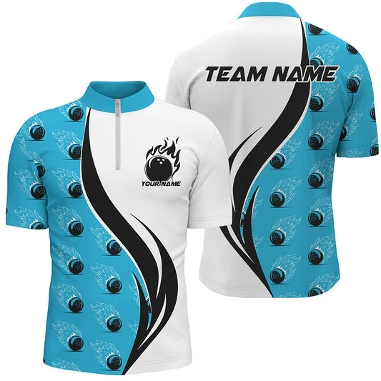 Individuelle Flammen-Bowling-Polohemden für Herren, Bowlingteam-Uniformen mit Namen | Blau IPHW6974