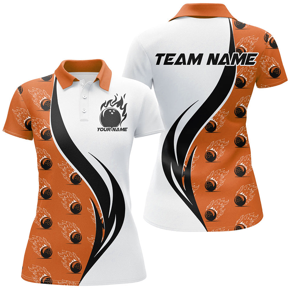 Individuelle Flammen-Bowling-Polohemden für Damen, Bowlingteam-Uniformen mit Namen | Orange IPHW6976