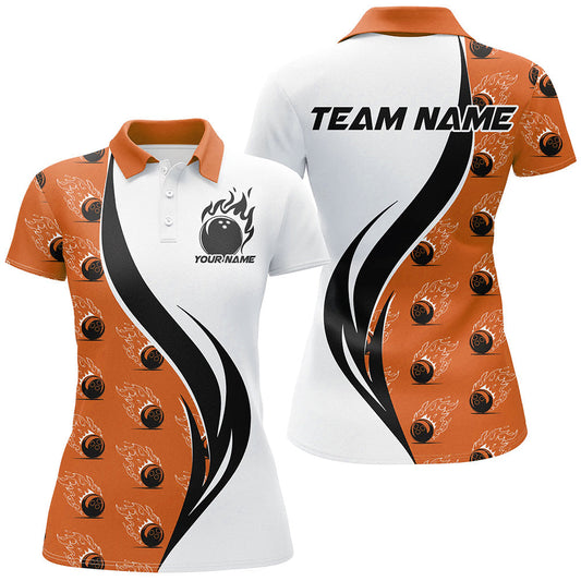 Individuelle Flammen-Bowling-Polohemden für Damen, Bowlingteam-Uniformen mit Namen | Orange IPHW6976