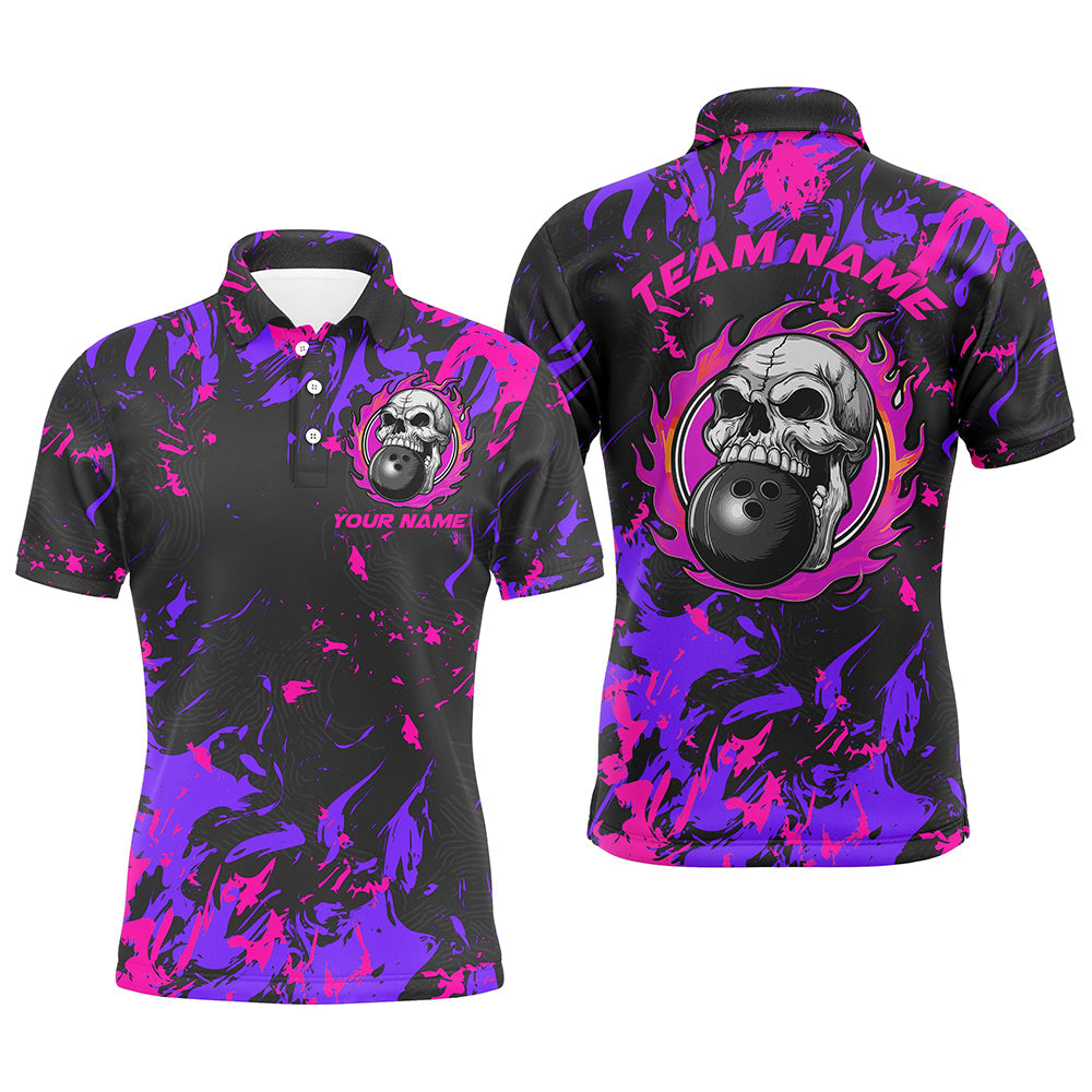 Individuelle pink-lila Bowlingtrikots für Herren und Damen, Flammen-Schädel-Bowlingteam-Hemden IPHW6708