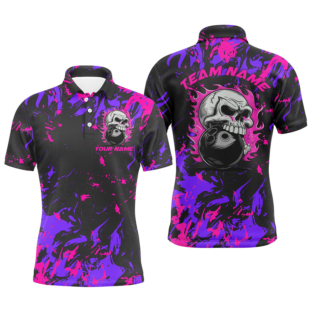 Individuelle pink-lila Bowlingtrikots für Herren und Damen, Flammen-Schädel-Bowlingteam-Hemden IPHW6710