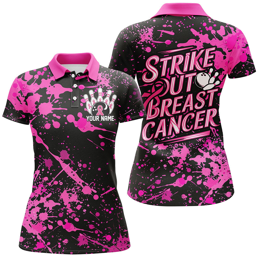 Schwarz-pinke "Strike Out Breast Cancer"-Schleifen, individuelle Brustkrebs-Bowlinghemden für Damen IPHW7049