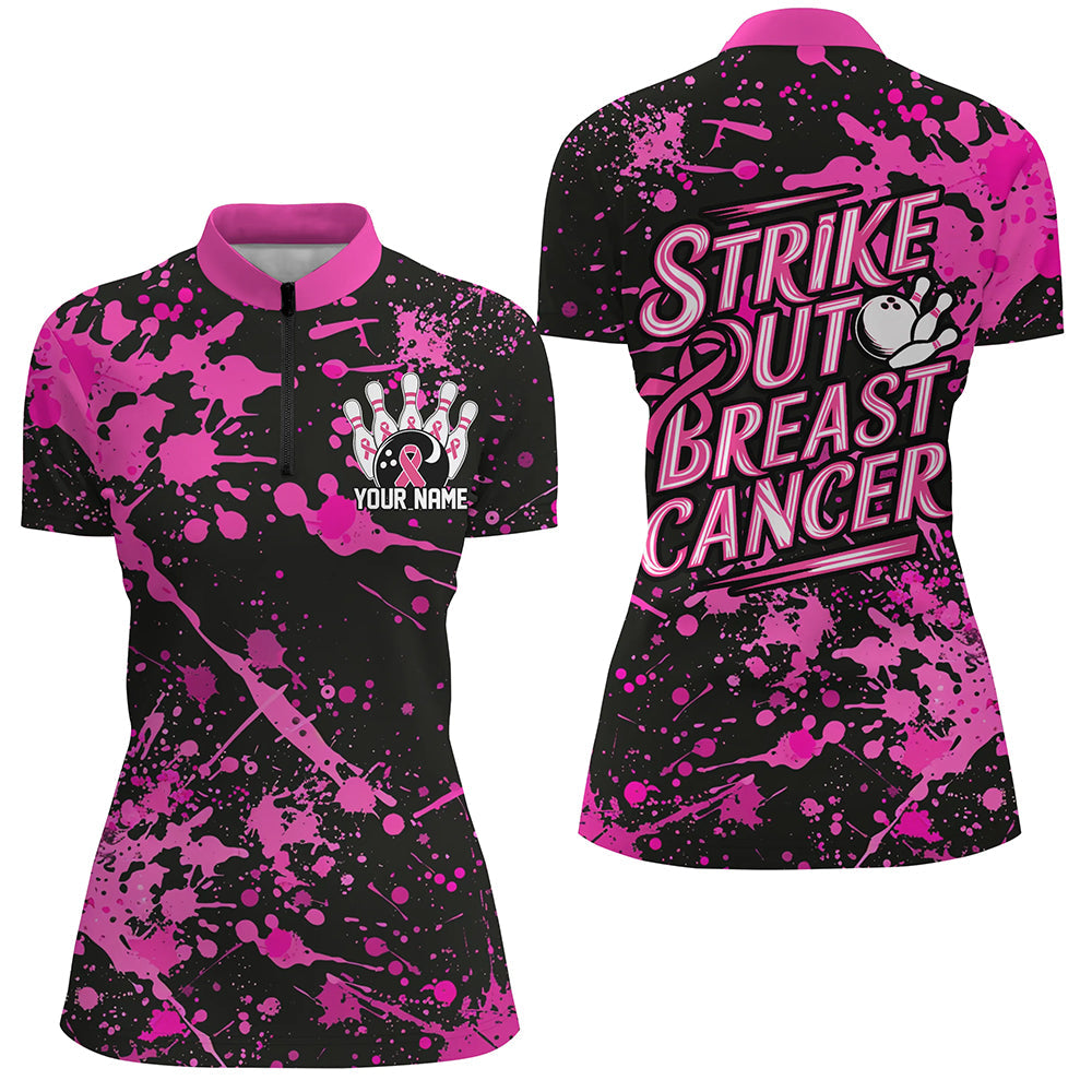 Schwarz-pinke "Strike Out Breast Cancer"-Schleifen, individuelle Brustkrebs-Bowlinghemden für Damen IPHW7049