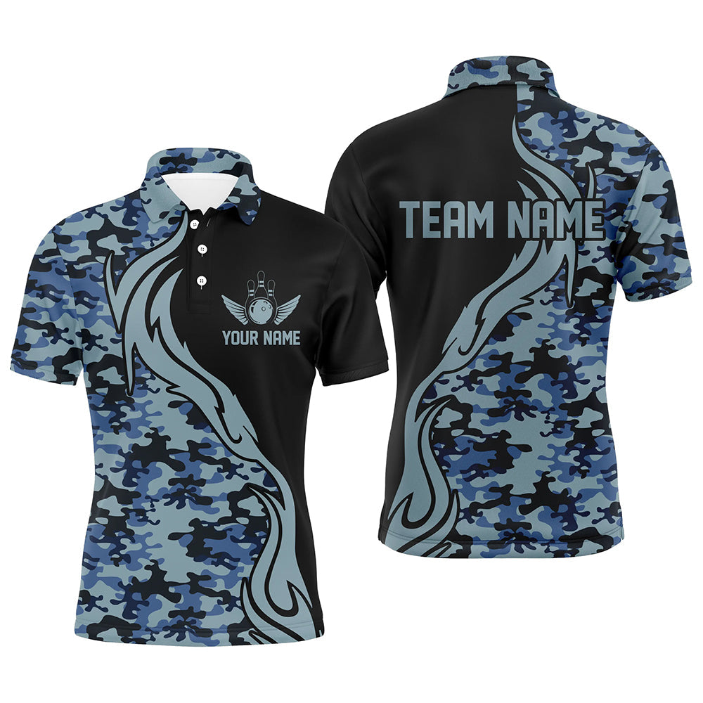 Blaue Camo-individuelle Armee-Bowlingteam-Hemden, personalisierte Bowlingliga-Hemden für Herren IPHW5518