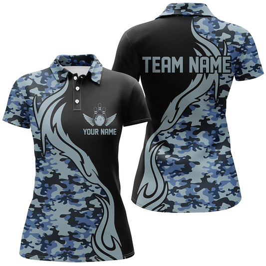 Blaue Camo-Army-Bowlingteam-Hemden, personalisierte Bowlingliga-Hemden für Damen IPHW5518