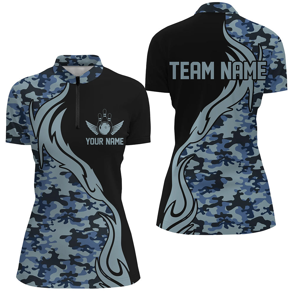 Blaue Camo-Army-Bowlingteam-Hemden, personalisierte Bowlingliga-Hemden für Damen IPHW5518