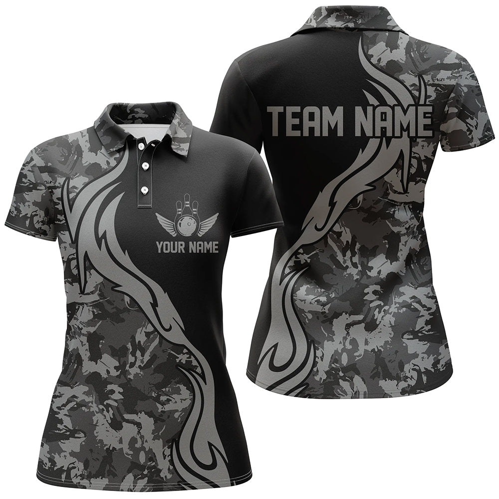 Personalisierte graue Camo-Bowlinghemden für Damen, individuelle Bowlingteam-Trikots, Bowler-Outfits IPHW5520