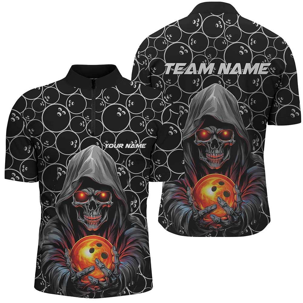 Individuelle Halloween-Bowling-Outfits, Schädel-Bowling-Quarter-Zip-Hemden für Herren, Bowlingliga-Team-Trikots IPHW5345