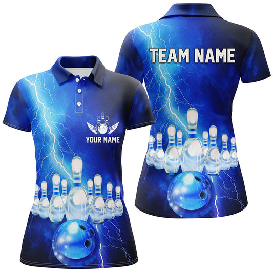 Individuelle blaue Thunder Lightning-Bowling-Polohemden für Damen, Bowlingtrikots, Bowlingteam-Hemden IPHW5349